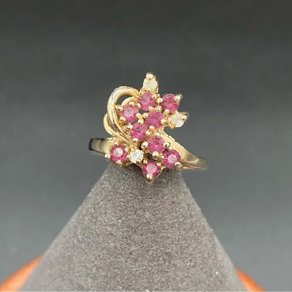 Gold 14KT GE Amethyst Rhinestone Floral Cluster Ring Size 4.75